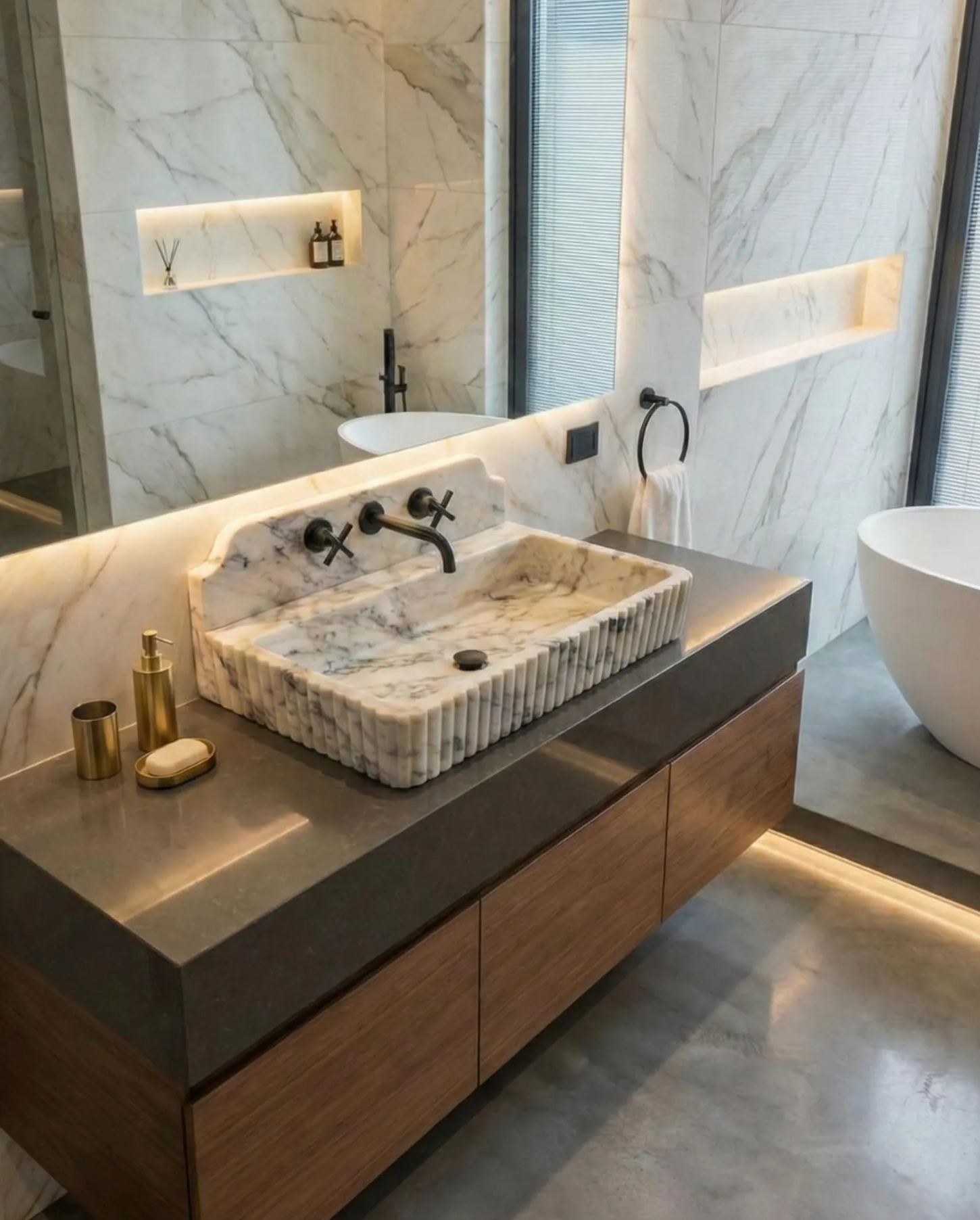 Hand Carved Calacatta Viola Marble Sink with Backsplash