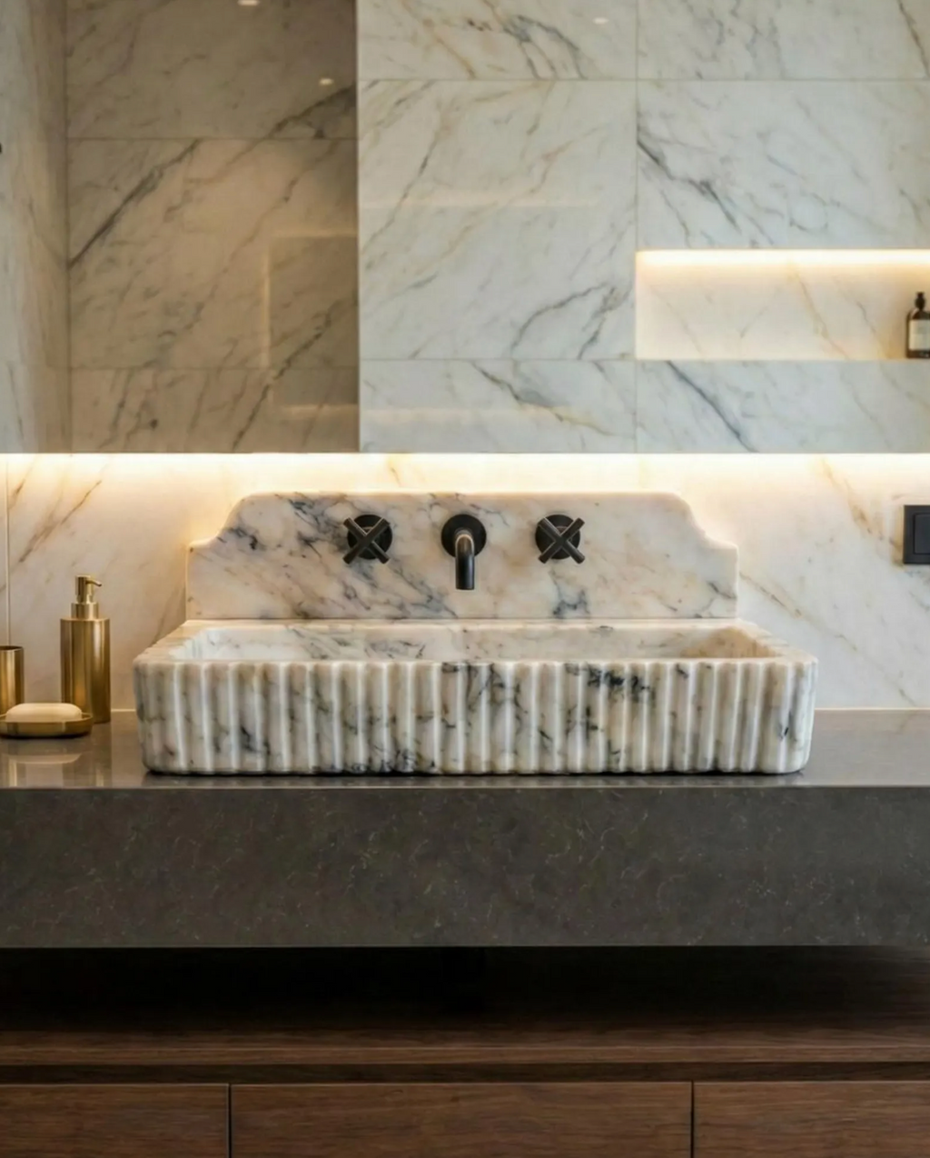 Hand Carved Calacatta Viola Marble Sink with Backsplash