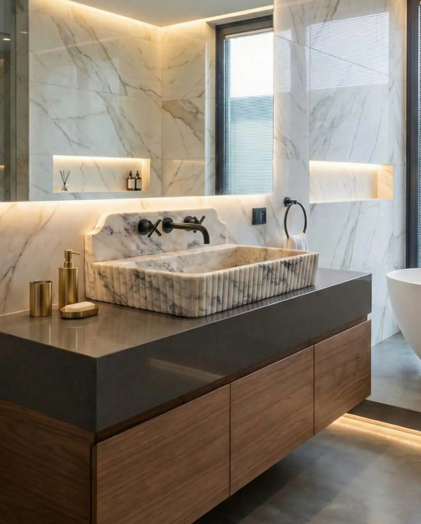 Hand Carved Calacatta Viola Marble Sink with Backsplash