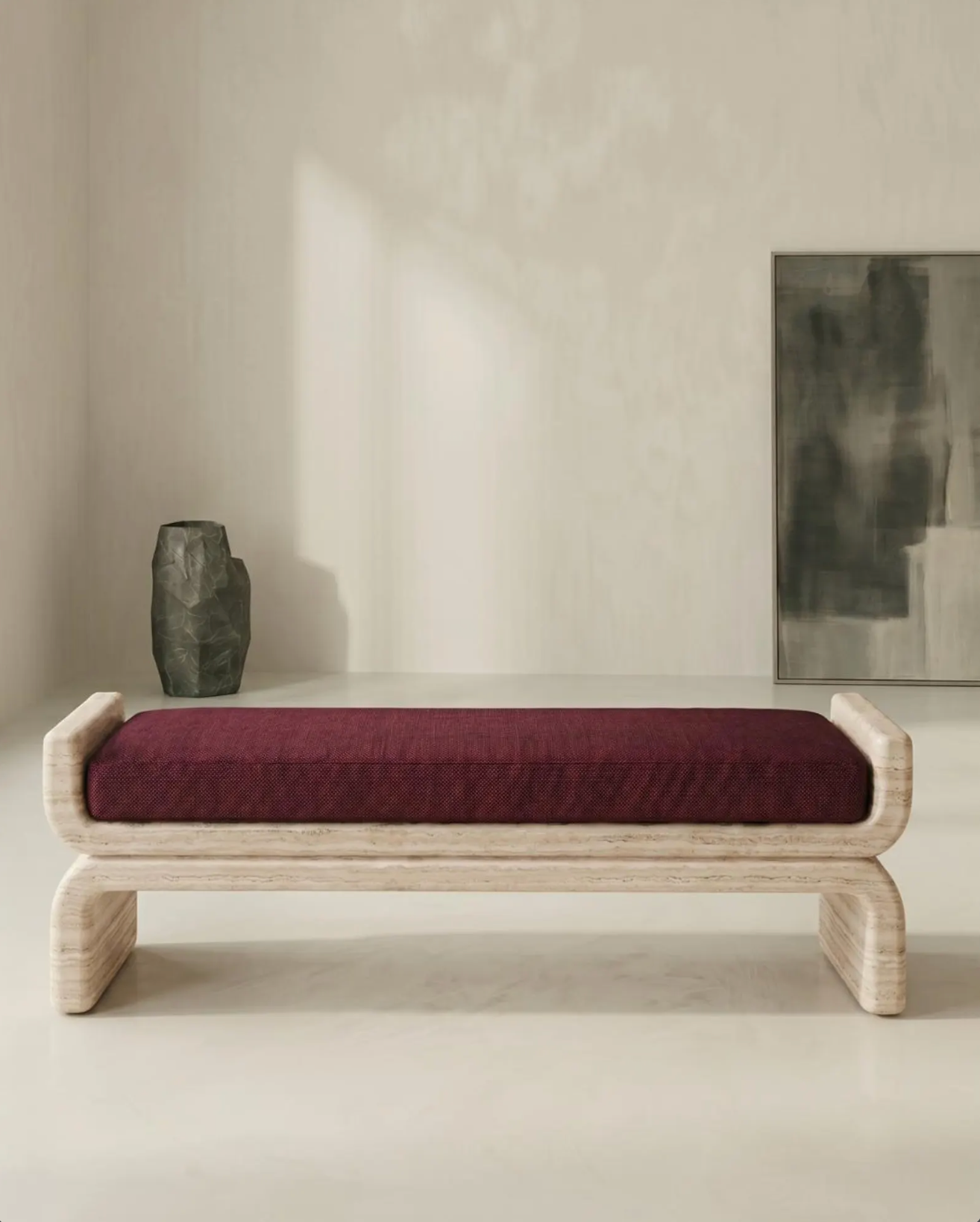 Travertine Upholstered Bench, Natural Stone Ottoman Seat, Handmade Luxury Furniture