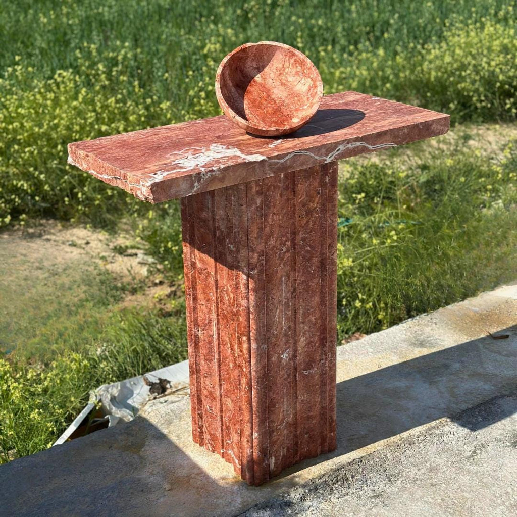 Red Travertine Console Table, Natural Stone Entryway Table, Fluted Pedestal Marble Hallway Table, Custom Luxury Stone Furniture