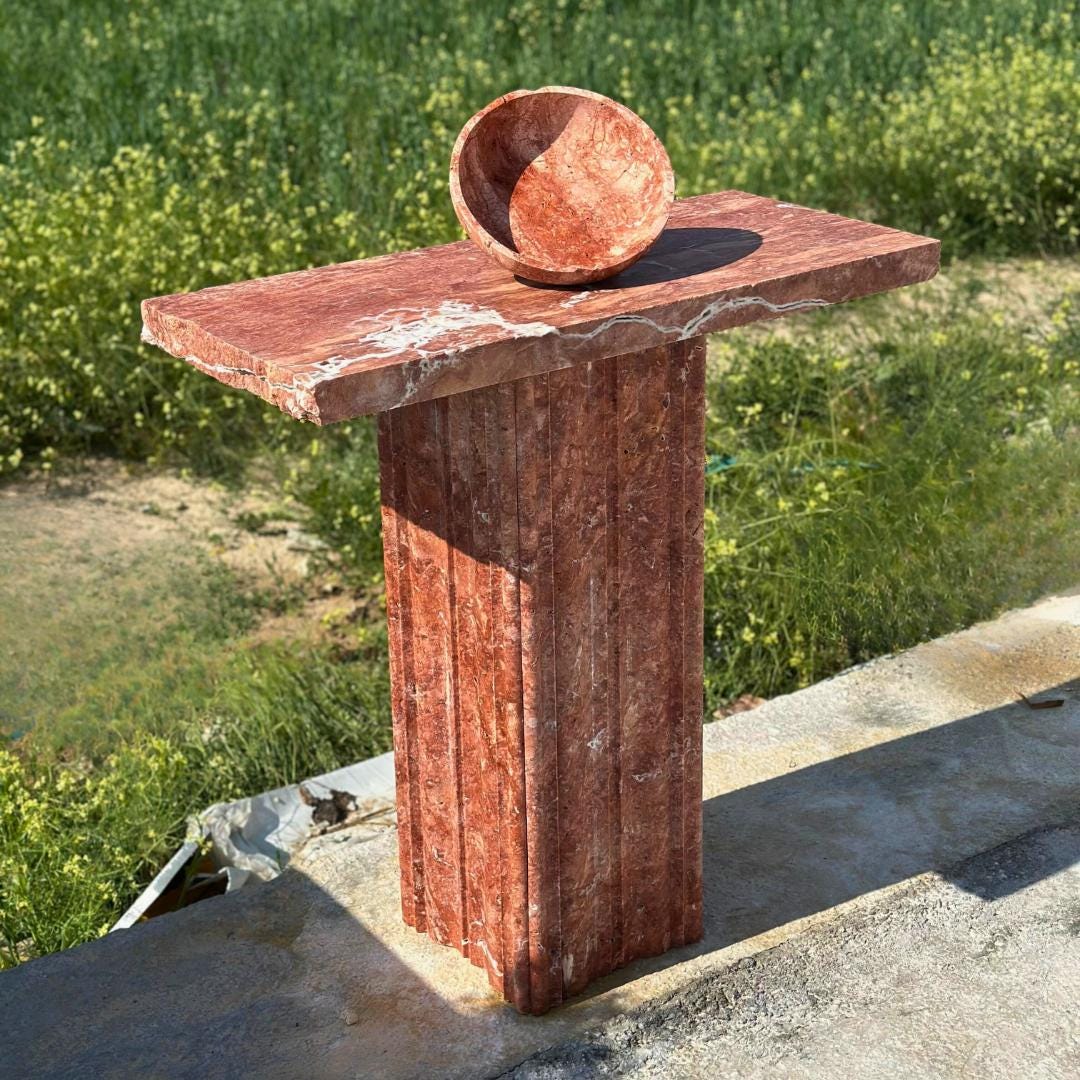 Red Travertine Console Table, Natural Stone Entryway Table, Fluted Pedestal Marble Hallway Table, Custom Luxury Stone Furniture