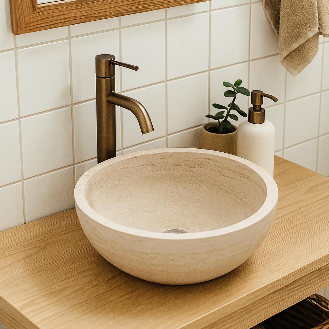 Beige Travertine Sink, Handmade Round Stone Basin, Natural Marble Bathroom Vanity