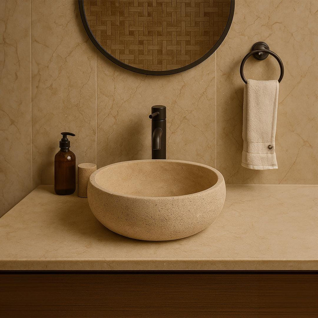 Handmade Travertine Sink Luxury Bathroom Natural Stone Round Basin Handcrafted Custom Size Vanity Sink