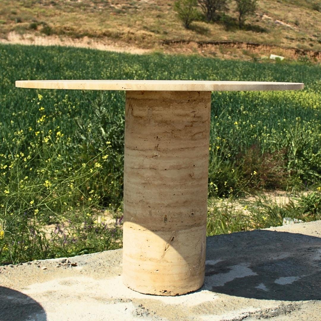 Travertine Dining Table, Round Stone Dining Table, Mid Century Modern Kitchen Table, Natural Marble Dining Table, Luxury Pedestal Table