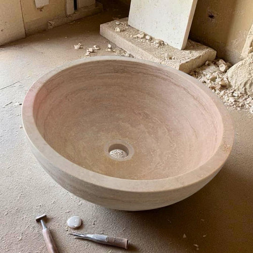 Beige Travertine Sink, Handmade Round Stone Basin, Natural Marble Bathroom Vanity
