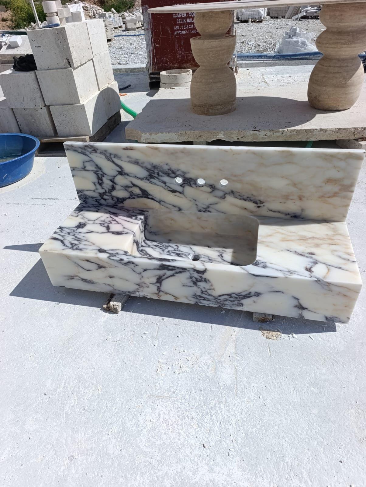 Calacatta Viola Marble Wall-Mounted Marble Sink, Handmade Stone Basin, Modern Luxury Bathroom Vanity
