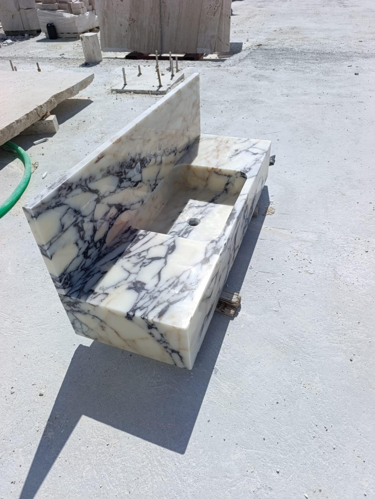 Calacatta Viola Marble Wall-Mounted Marble Sink, Handmade Stone Basin, Modern Luxury Bathroom Vanity