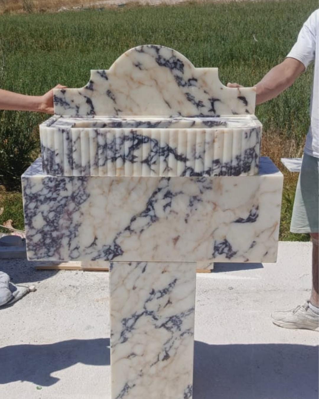 Fluted Calacatta Viola Marble Sink: Handmade Wall Mounted Vanity Basin