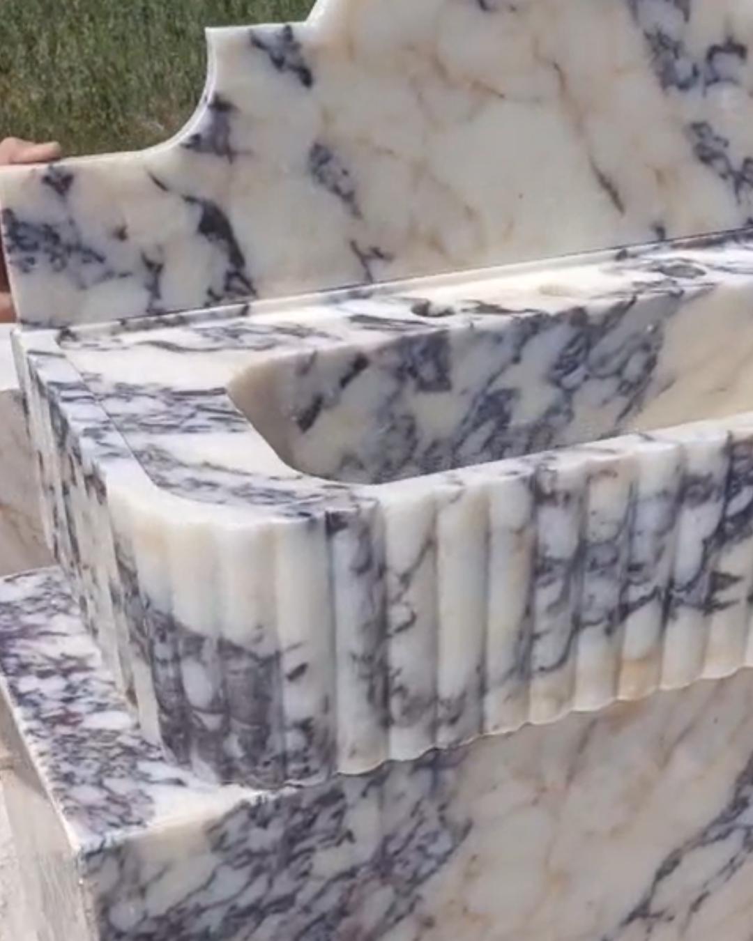 Fluted Calacatta Viola Marble Sink: Handmade Wall Mounted Vanity Basin