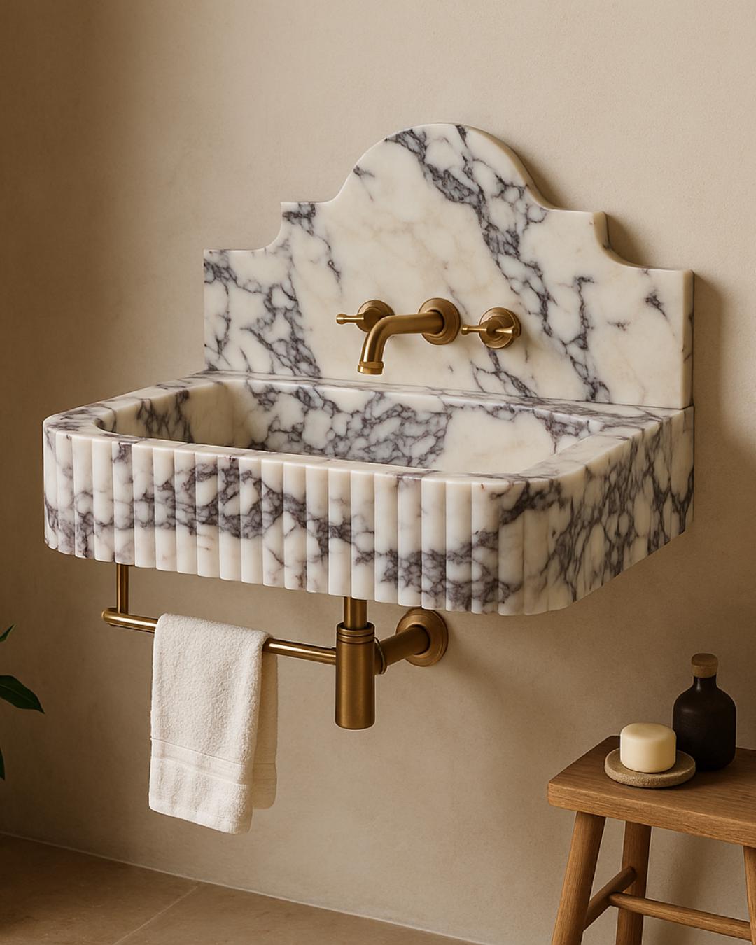 Fluted Calacatta Viola Marble Sink: Handmade Wall Mounted Vanity Basin