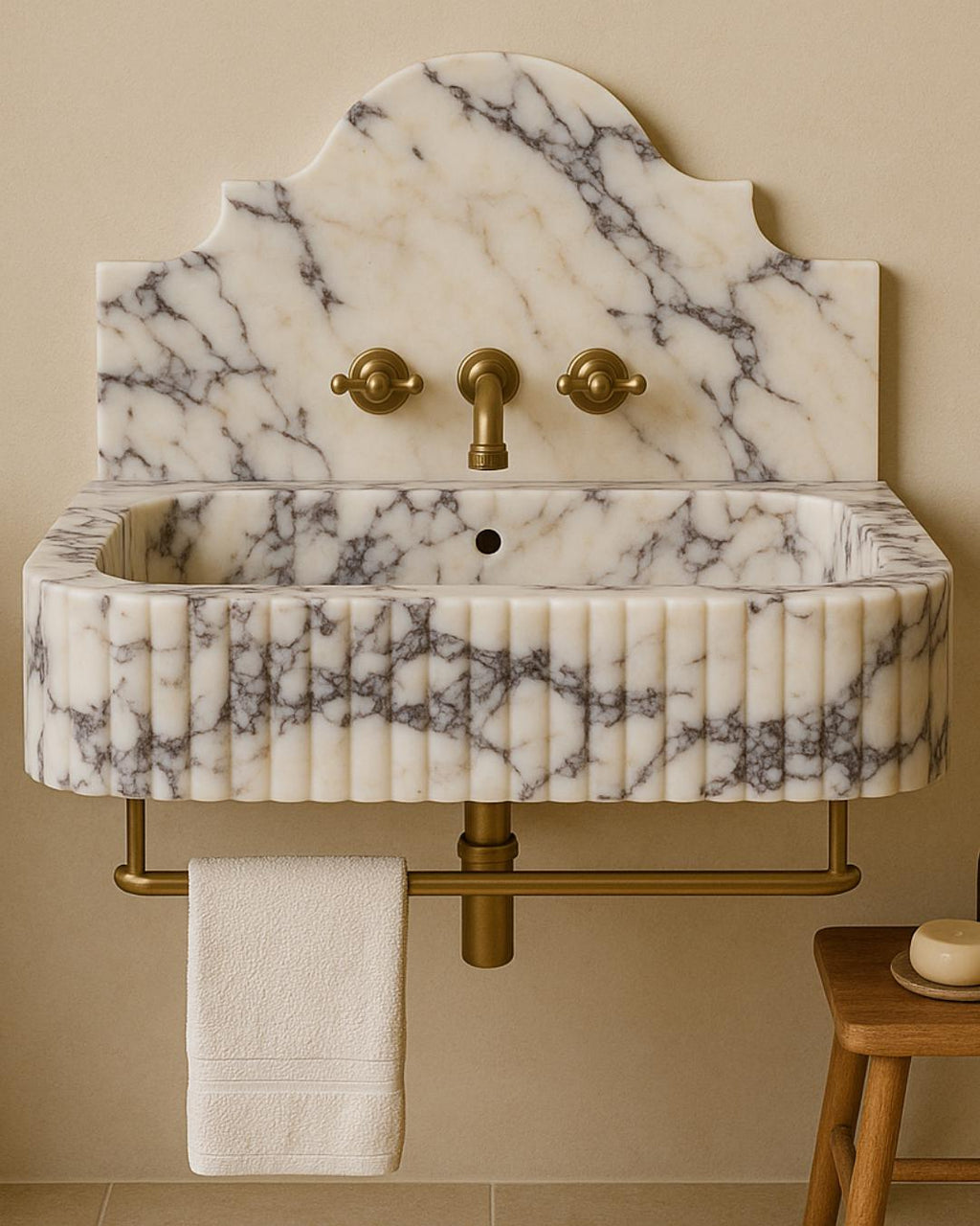 Fluted Calacatta Viola Marble Sink: Handmade Wall Mounted Vanity Basin