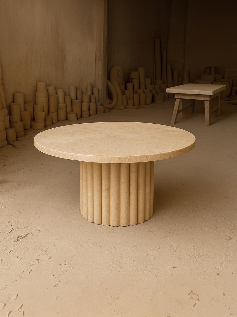 Handmade Travertine Coffee Table: Round Fluted Base, Modern Stone Furniture