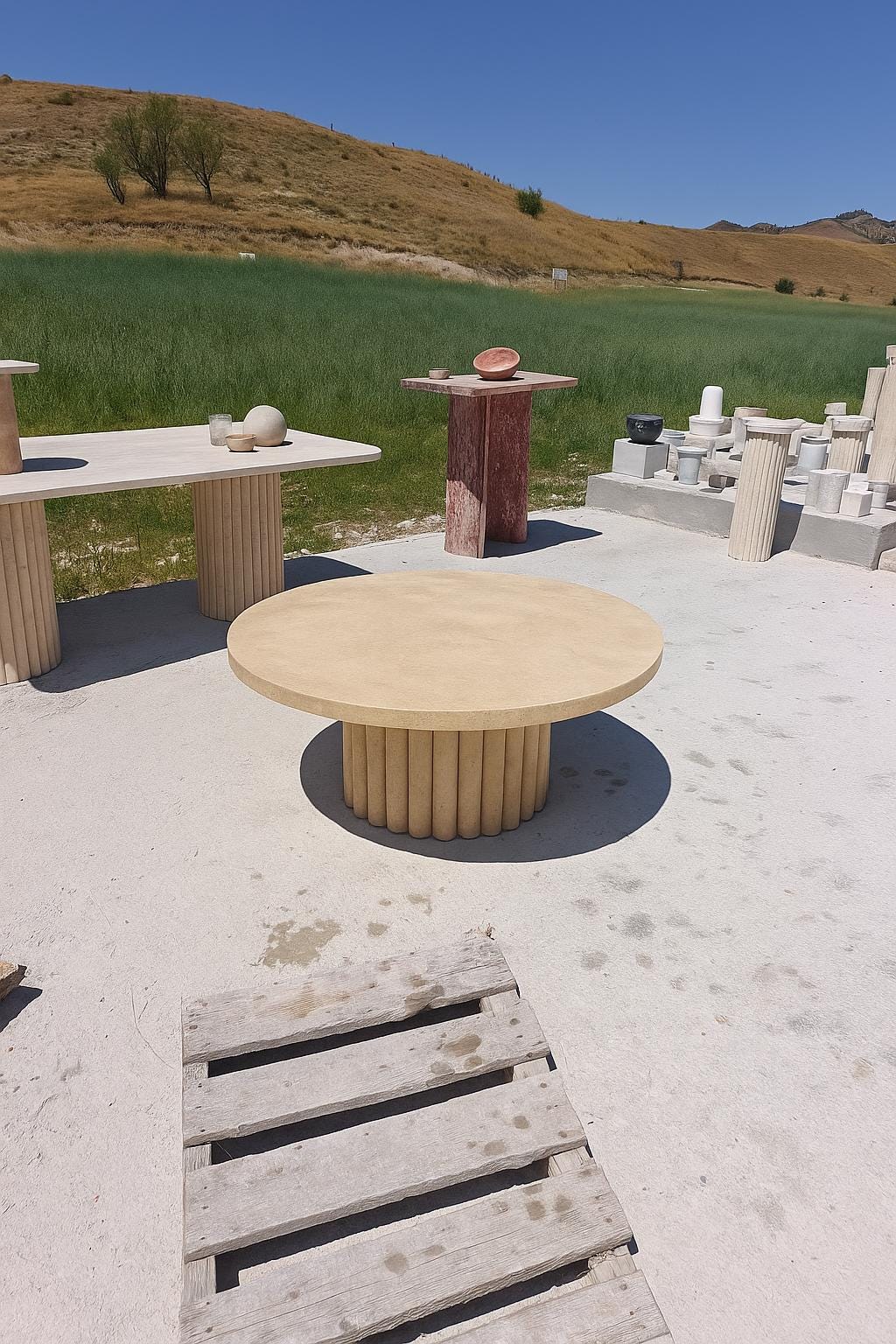 Handmade Travertine Coffee Table: Round Fluted Base, Modern Stone Furniture