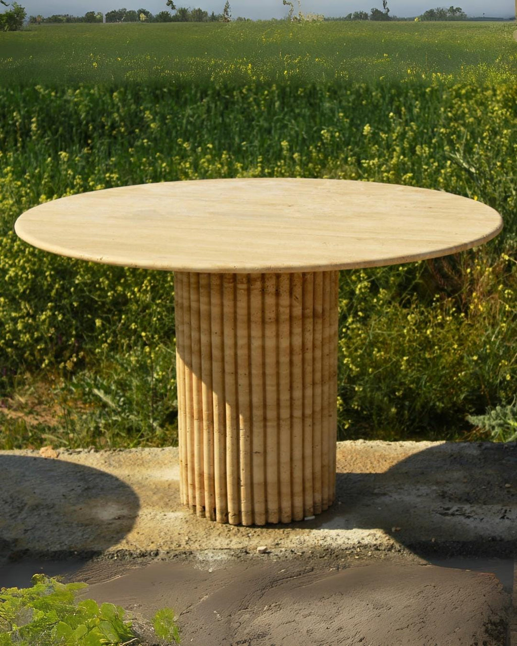Handmade Travertine Round Dining Table: Fluted Base, Natural Stone