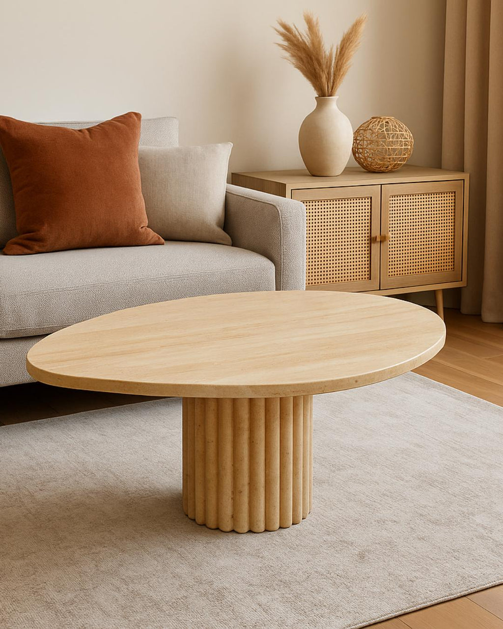 Handmade Travertine Coffee Table: Natural Stone, Fluted Base
