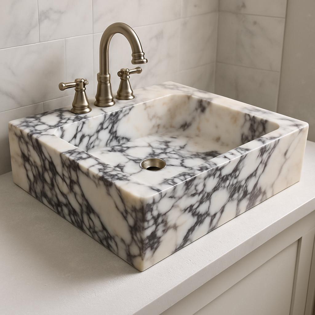 Handmade Calacatta Viola Marble Sink, Rectangular Bathroom Vessel