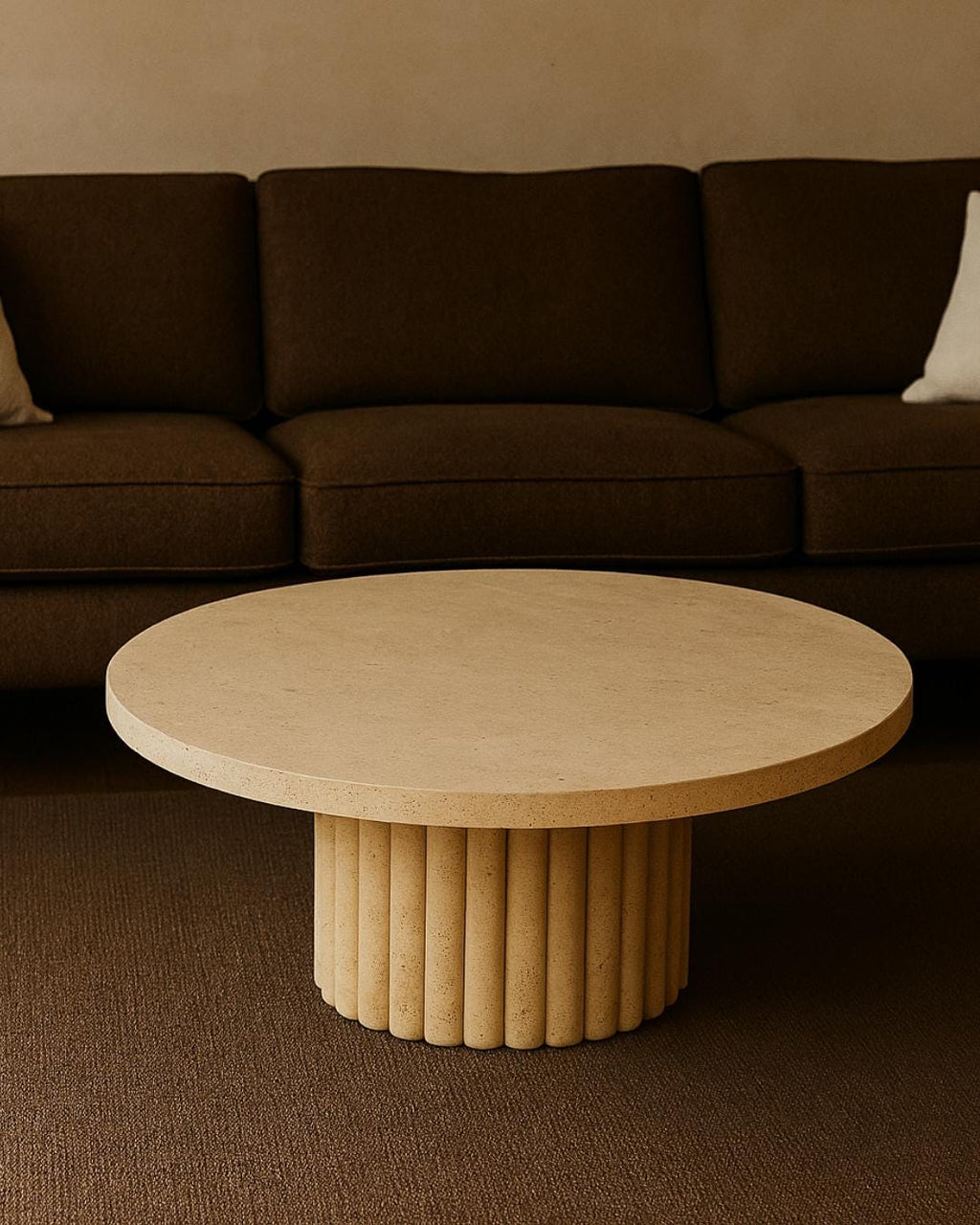 Handmade Travertine Coffee Table: Round Fluted Base, Modern Stone Furniture