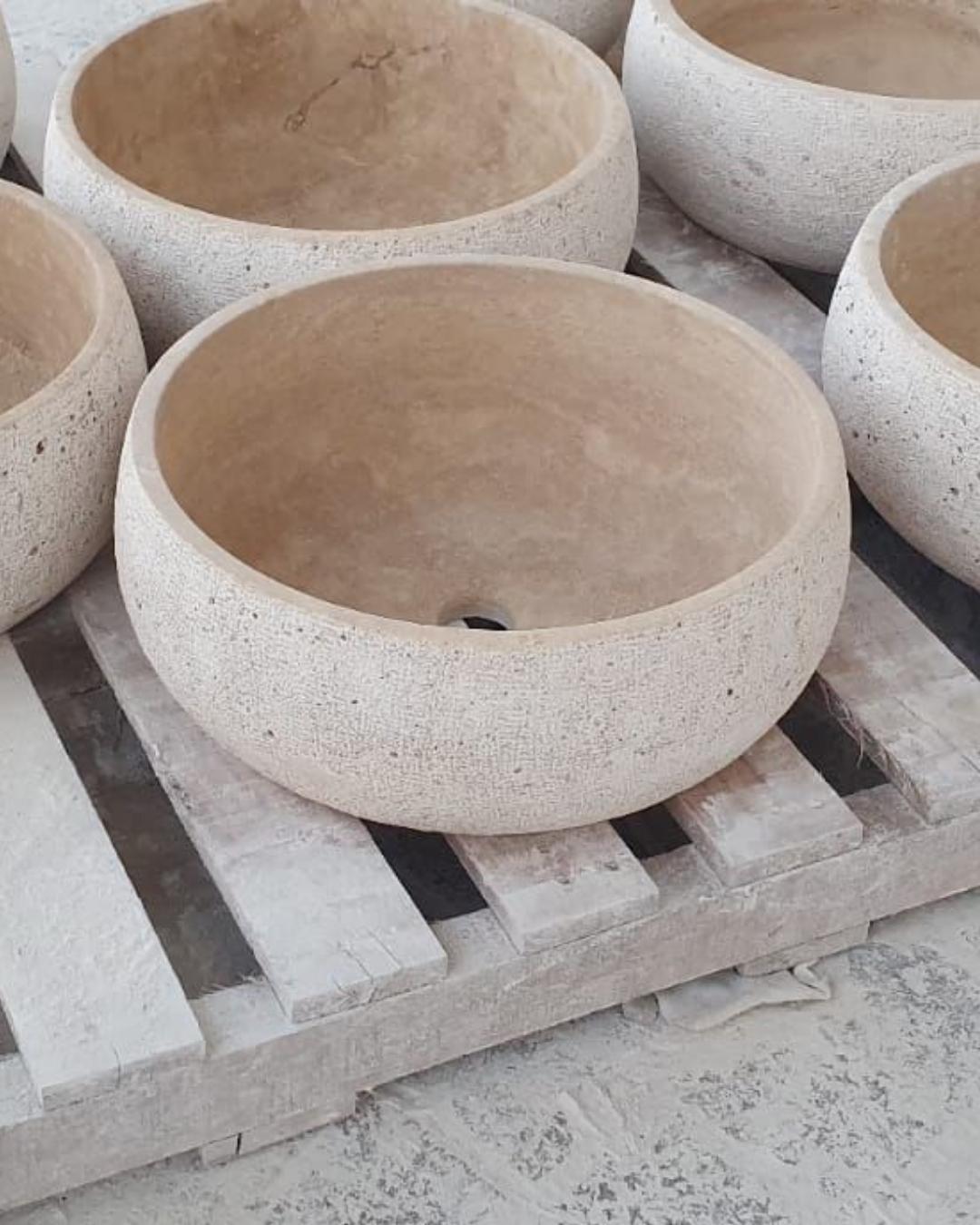 Handmade Travertine Sink Luxury Bathroom Natural Stone Round Basin Handcrafted Custom Size Vanity Sink