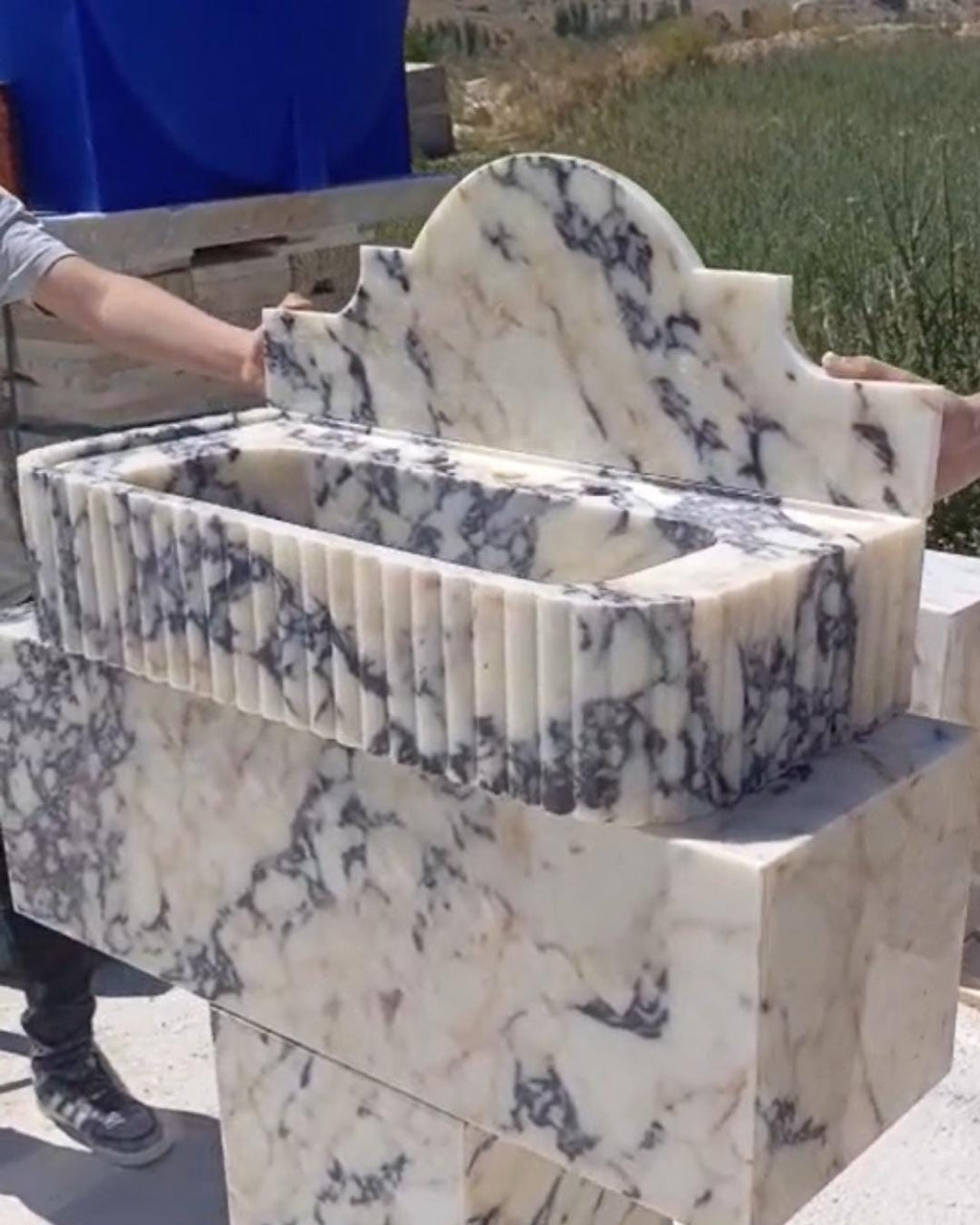 Fluted Calacatta Viola Marble Sink: Handmade Wall Mounted Vanity Basin
