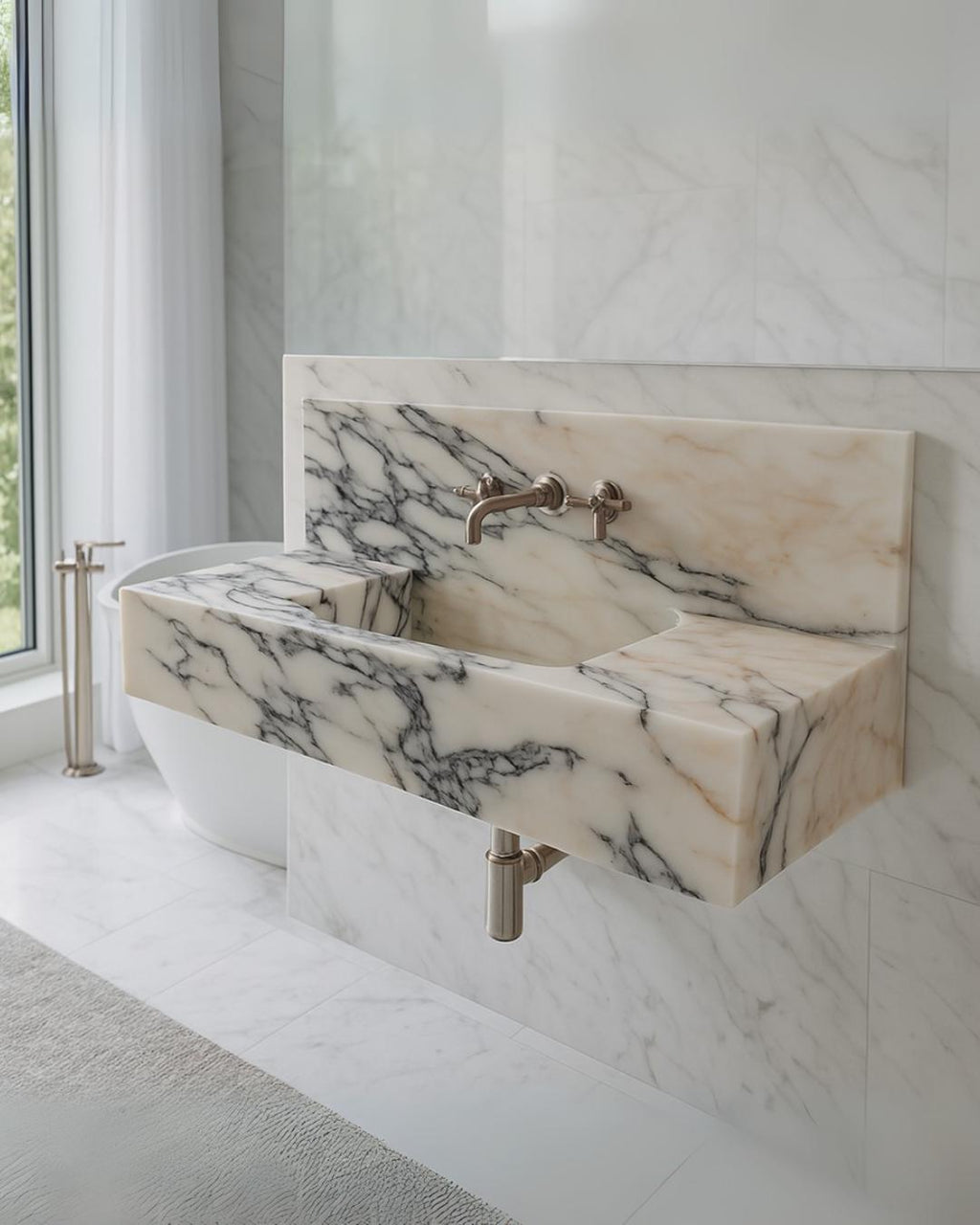 Calacatta Viola Marble Wall-Mounted Marble Sink, Handmade Stone Basin, Modern Luxury Bathroom Vanity