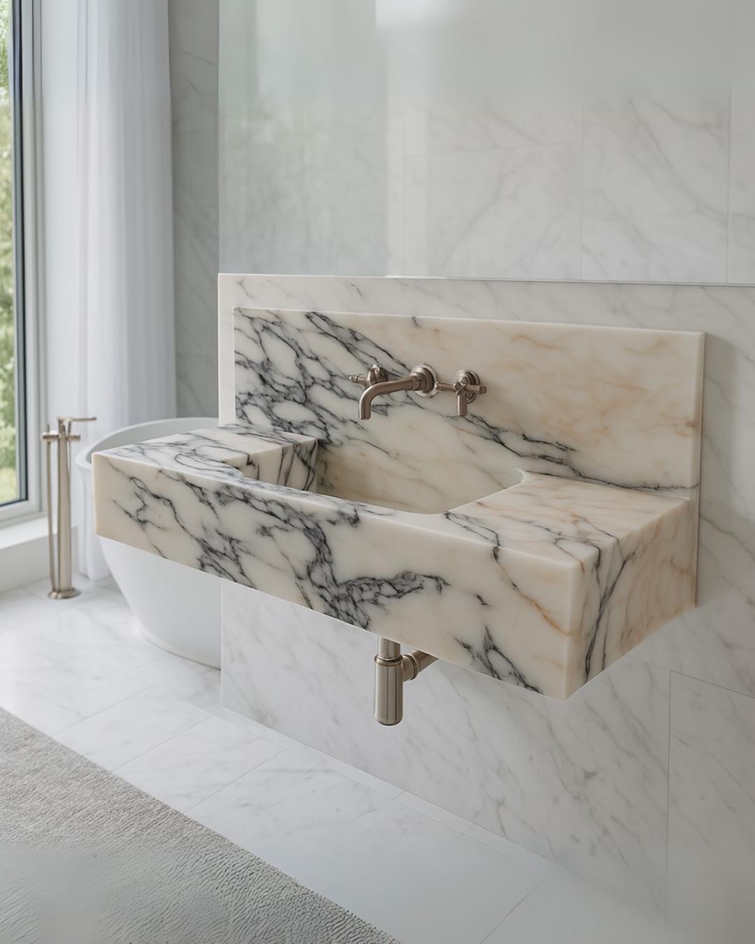 Calacatta Viola Marble Wall-Mounted Marble Sink, Handmade Stone Basin, Modern Luxury Bathroom Vanity