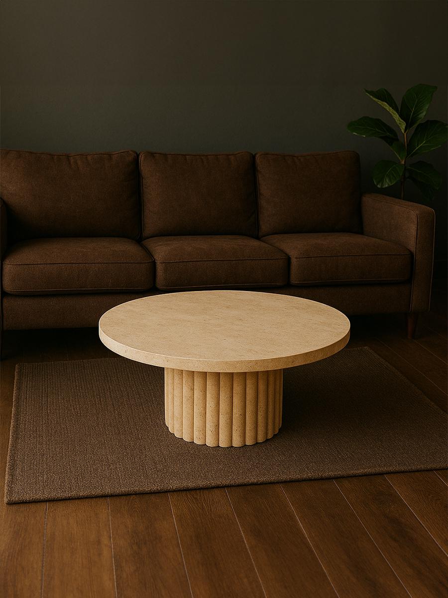 Handmade Travertine Coffee Table: Round Fluted Base, Modern Stone Furniture