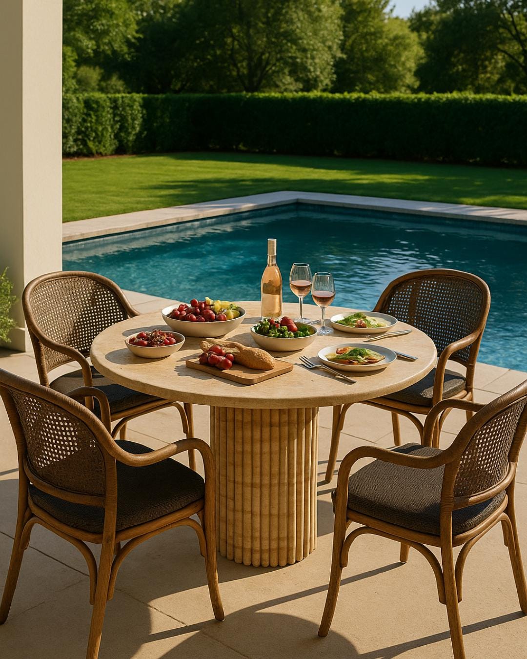 Handmade Travertine Round Dining Table: Fluted Base, Natural Stone