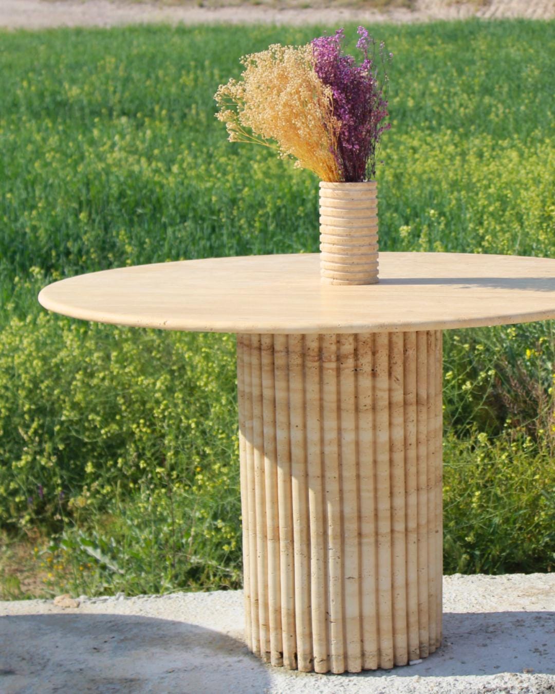 Handmade Travertine Round Dining Table: Fluted Base, Natural Stone