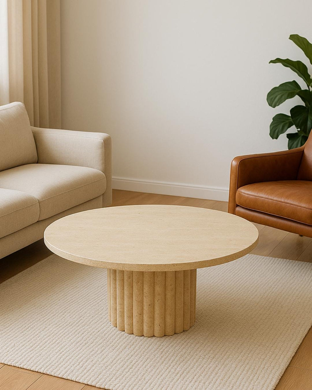 Handmade Travertine Coffee Table: Round Fluted Base, Modern Stone Furniture