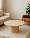 Handmade Travertine Coffee Table: Round Fluted Base, Modern Stone Furniture