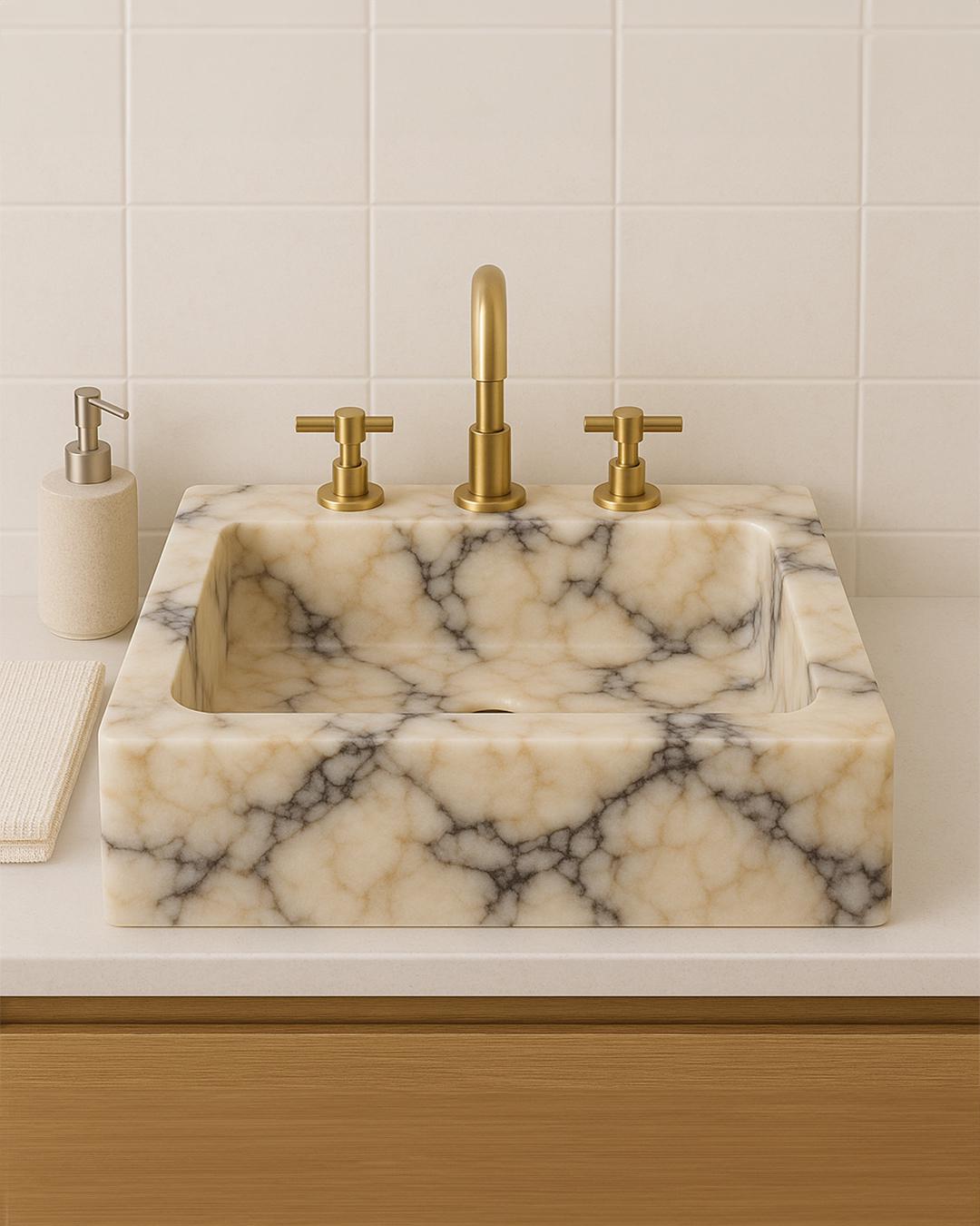Calacatta Viola Marble Vessel Sink – Handmade Square Bathroom Basin – Customizable Natural Stone Sink