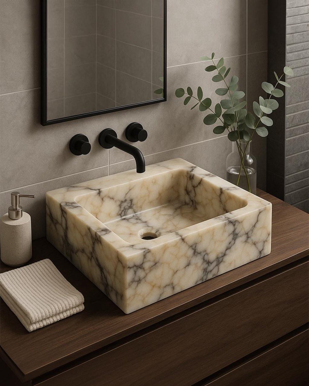 Calacatta Viola Marble Vessel Sink – Handmade Square Bathroom Basin – Customizable Natural Stone Sink
