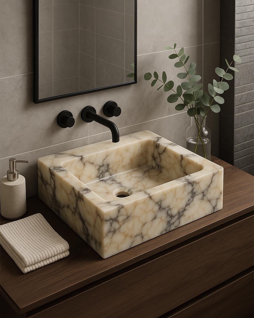 Calacatta Viola Marble Vessel Sink – Handmade Square Bathroom Basin – Customizable Natural Stone Sink