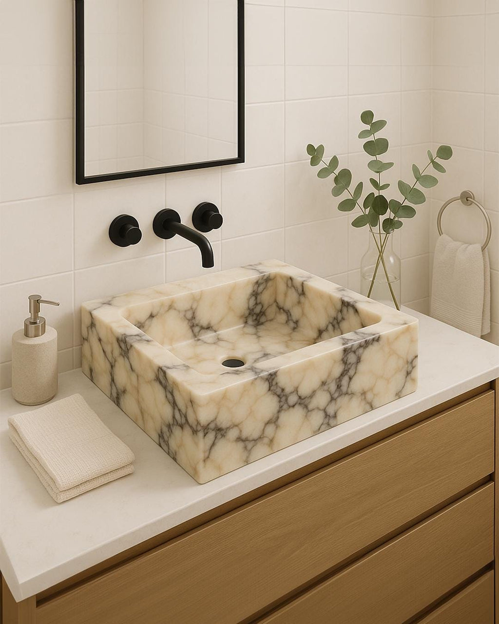 Calacatta Viola Marble Vessel Sink – Handmade Square Bathroom Basin – Customizable Natural Stone Sink