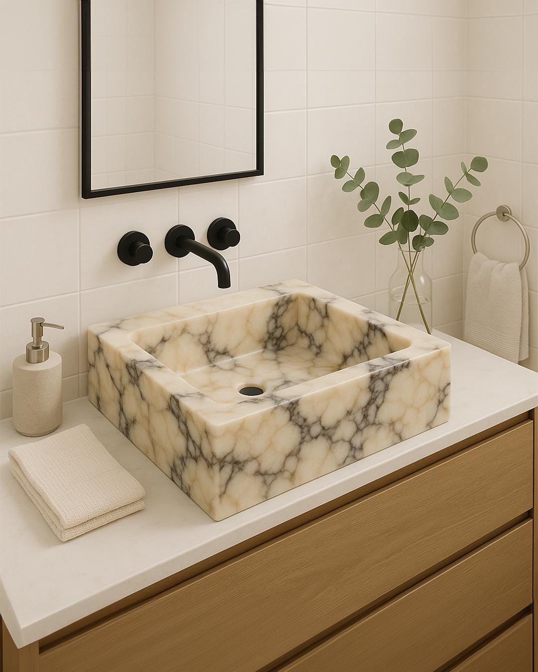 Calacatta Viola Marble Vessel Sink – Handmade Square Bathroom Basin – Customizable Natural Stone Sink