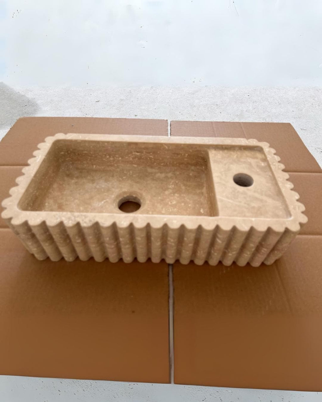 Handmade Fluted Travertine Marble Sink, Natural Stone Vessel , Ribbed Bathroom Vanity Basin, Hand-Carved Sink