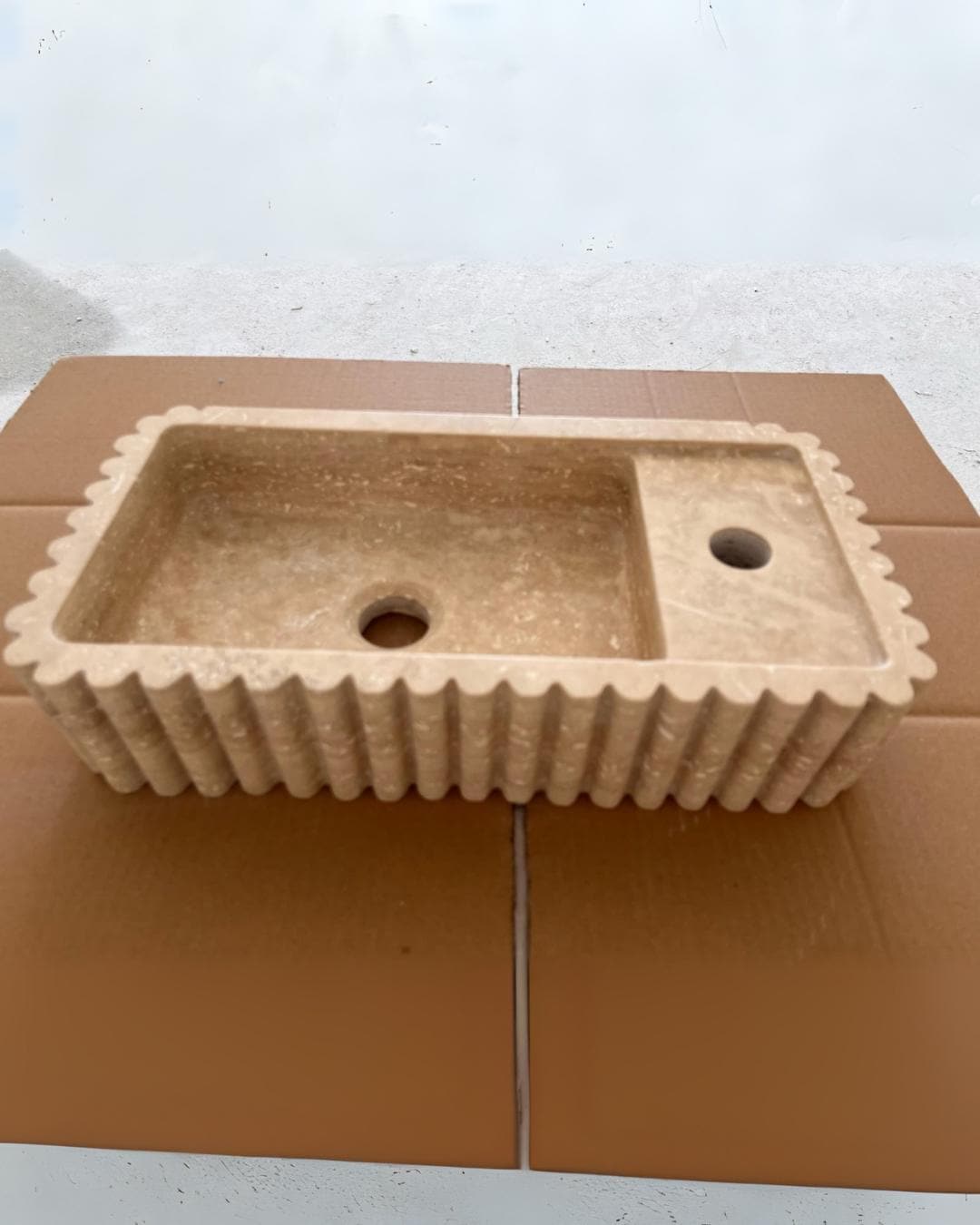 Handmade Fluted Travertine Marble Sink, Natural Stone Vessel , Ribbed Bathroom Vanity Basin, Hand-Carved Sink