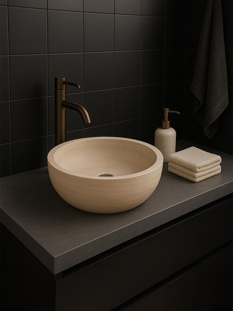 Beige Travertine Sink, Handmade Round Stone Basin, Natural Marble Bathroom Vanity