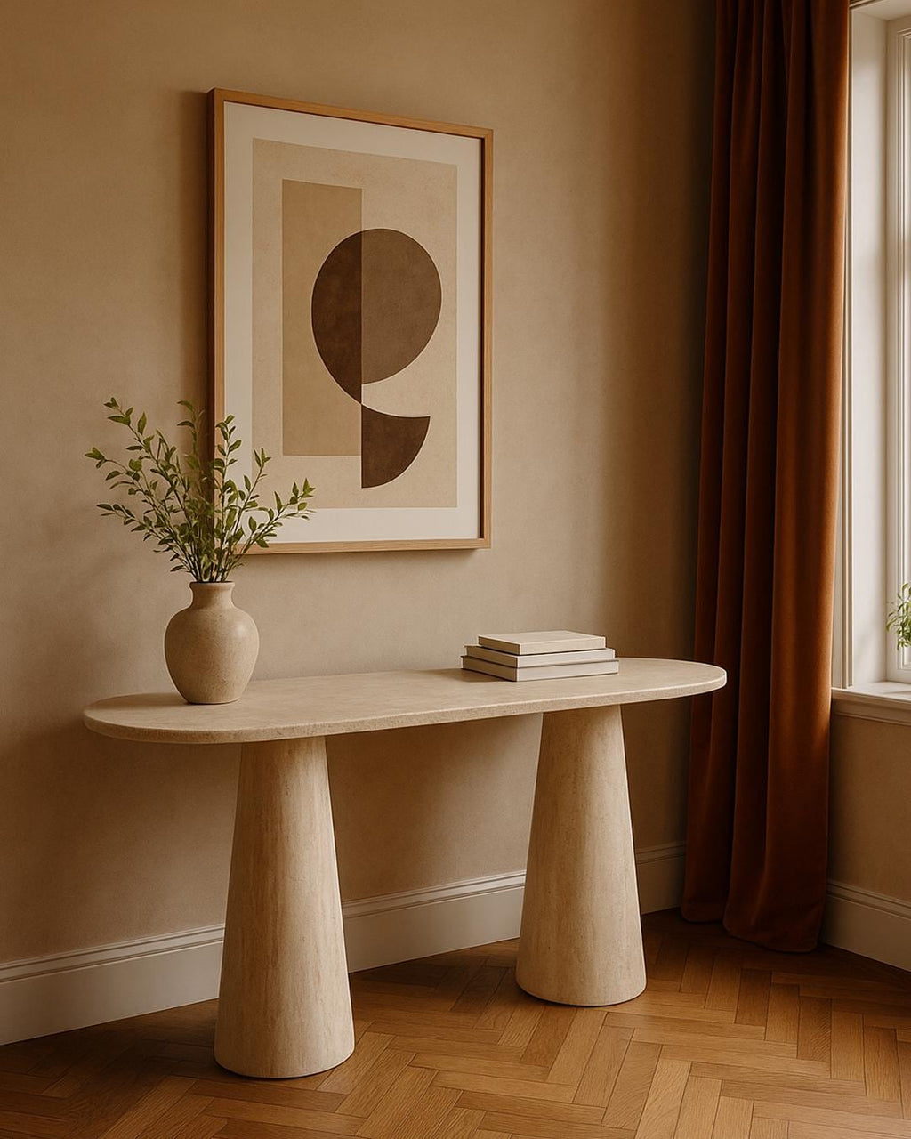 Oval Travertine Console Table: Modern Stone Entryway and Living Room Decor