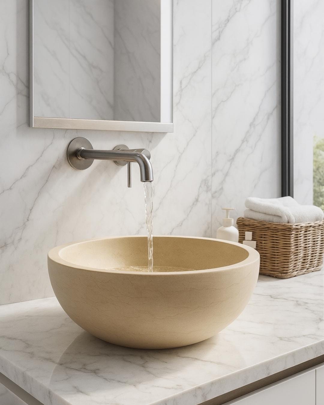Beige Travertine Sink, Handmade Round Stone Basin, Natural Marble Bathroom Vanity