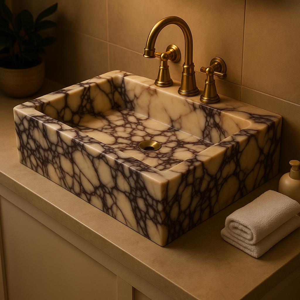 Handmade Calacatta Viola Marble Sink, Rectangular Bathroom Vessel