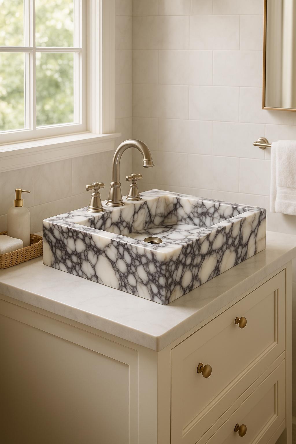 Handmade Calacatta Viola Marble Sink, Rectangular Bathroom Vessel