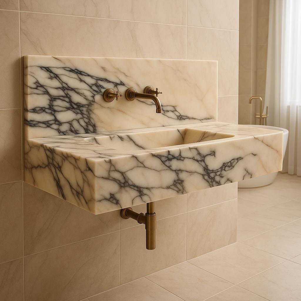 Calacatta Viola Marble Wall-Mounted Marble Sink, Handmade Stone Basin, Modern Luxury Bathroom Vanity