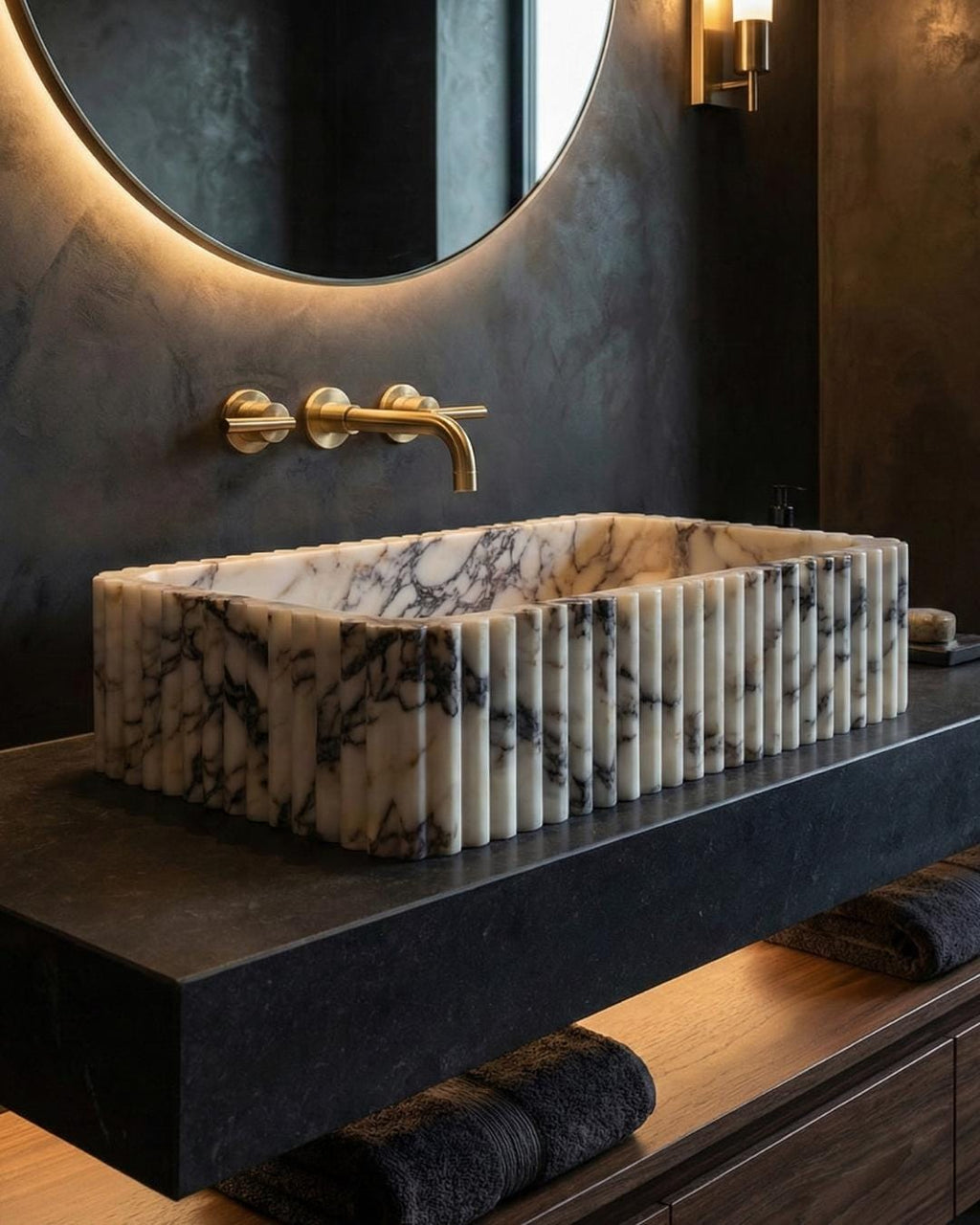 Hand Carved Calacatta Viola Marble Sink: Custom Wall Mount Vanity Basin Luxury Bathroom