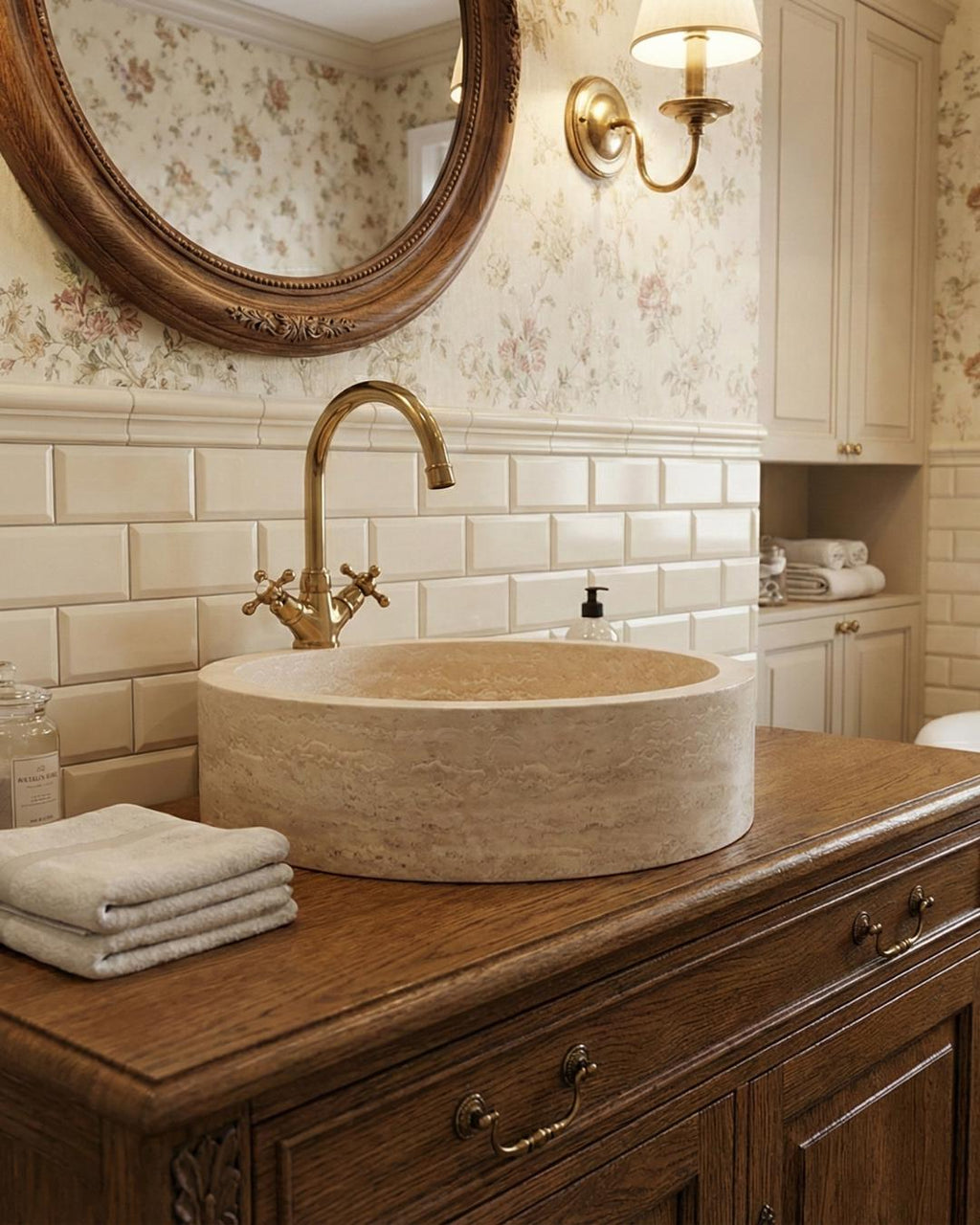 Handmade Travertine Round Marble Sink: Luxury Bathroom Vanity