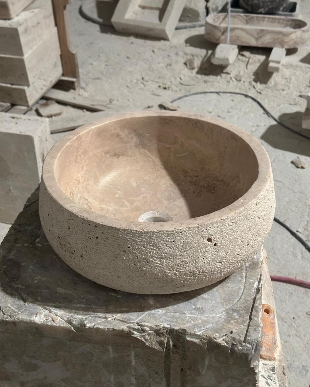 Handmade Travertine Sink Luxury Bathroom Natural Stone Round Basin Handcrafted Custom Size Vanity Sink