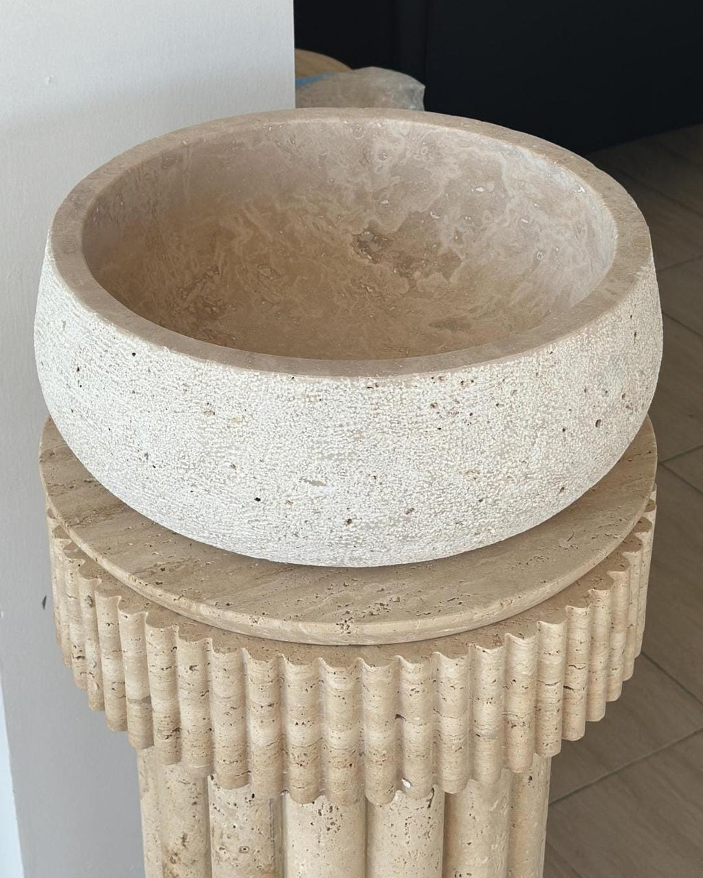 Handmade Travertine Sink Luxury Bathroom Natural Stone Round Basin Handcrafted Custom Size Vanity Sink