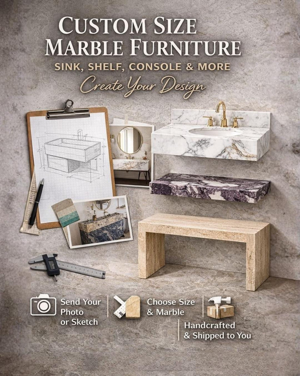 Custom Size Marble Furniture Sink, Calacatta Viola Shelf, Travertine Console & More Create Your Design