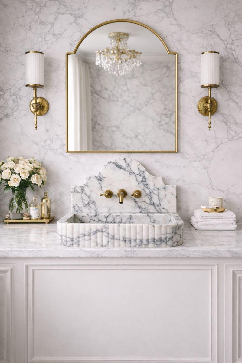 Fluted Calacatta Viola Marble Sink: Handmade Wall Mounted Vanity Basin